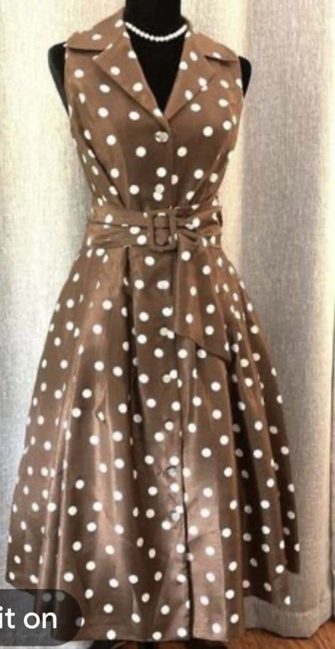 Jessica Howard Polka Dot Dress Sz 10P Brown White Belt Button Midi Pretty Woman